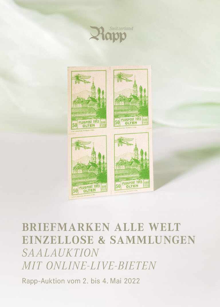 Im Auktionskatalog sind Briefmarken von der Rapp-Auktion 2022 ersichtlich