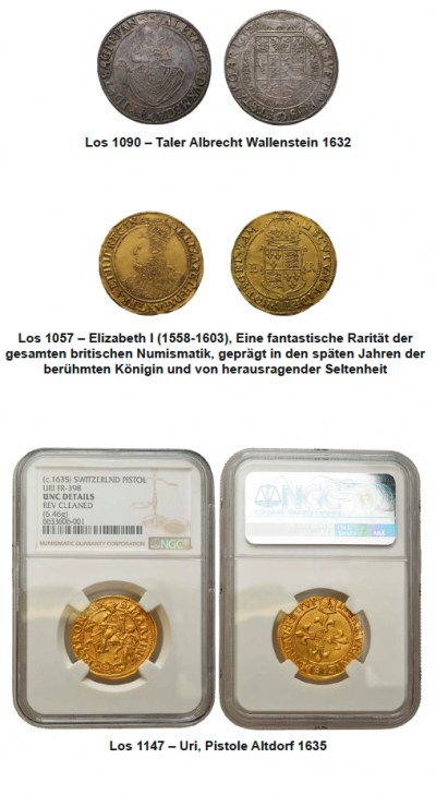 Rapp wartet mit einer schönen Anzahl an ausgesuchten numismatischen Kostbarkeiten auf. So ist zum Beispiel eine seltene Salvator-Mundi-Medaille (o.J. nach 1843) zu 24 Dukaten im Angebot oder eine kostbare Medaille zu 15 Dukaten, welche zur Krönung von Franz I im Jahre 1830 zum König von Ungarn ausgegeben wurde. Des Weiteren ist ein Taler aus dem Jahre 1632 von Albrecht Wallenstein im Angebot. Als besonderes Prachtstück darf die Goldmünze Elizabeth I (1558-1603) in exzellenter Erhaltung eingestuft werden. Es handelt sich um eine Rarität von herausragender Seltenheit. Auch die Schweiz hält einige Besonderheiten bereit. So zum Beispiel eine Münze vom Kanton Uri, Pistole o.J. (1635 von Altdorf) oder ein prachtvolles Paar mit 16 Franken und 32 Franken aus der Helvetischen Republik. Wie gewohnt bei Rapp, dürfen auch die Chinesischen Münzen nicht fehlen. So bietet das Auktionshaus das seltene China Münzset 1994 mit 5x 50 Yuan Invention and Discovery (Serie III) an.